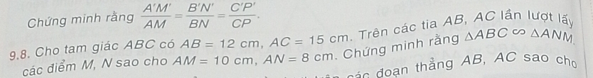 Chứng minh rằng  A'M'/AM = B'N'/BN = C'P'/CP . 
9.8. Cho tam giác ABC có AB=12cm, AC=15cm. Trên các tia AB, AC lần lượt lấy 
các điểm M, N sao cho AM=10cm, AN=8cm Chứng minh rằng △ ABC △ ANM
á đ oạn thẳng AB, AC sao cho