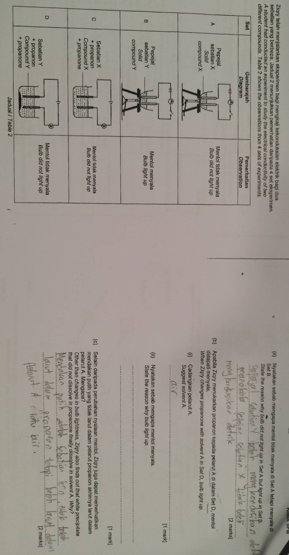 Ziqry telah menjalankan eksperimen bagi mengkaji kekonduksian elektrik bagi dua (ii) Nyatakan sebab mengapa mentol tidak menyala di Set A tetapi menyala di 
sebatian yang berbeza. Jadual 2 menunjukkan pemerhatian daripada 4 set eksperimen. Set B 
A student had conducted an experiment to study the electrical conductivity of two State the reason why bulb did not light up in Set A but light up in Set B. 
diffe 
_ 
_ 
[2 marks] 
(b) Apabila Ziqry menukarkan propanon kepada pelarut A di dalam Set D, mentol 
didapati menyala. 
When Ziqry changes propanone with solvent A in Set D, bulb light up. 
(i) Cadangkan pelarut A. 
Suggest solvent A. 
_ 
[1 mark] 
(ii) Nyatakan sebab mengapa mentol menyala. 
State the reason why bulb light up. 
_ 
_ 
[1 mark] 
(c) Selain daripada perubahan nyalaan mentol, Ziqry juga dapat memerhatikan 
mendakan putih yang tidak larut dalam pelarut propanon akhirnya larut dalam 
pelarut A. Mengapa? 
Other than changes in bulb lightness, Ziqry also finds out that white precipitate 
that did not dissolve in propanone finally dissolve in solvent A. Why? 
_ 
_ 
[2 marks] 
Jadual / Table 2
