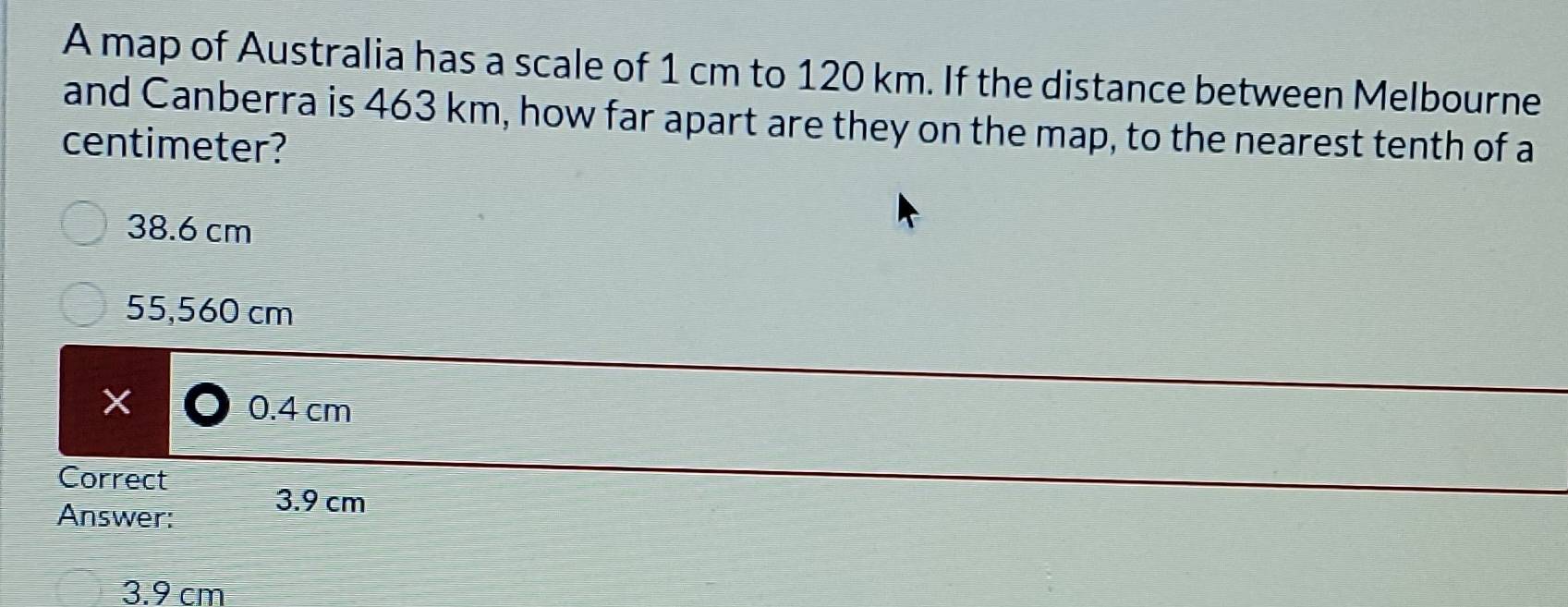 Solved: A map of Australia has a scale of 1 cm to 120 km. If the ...