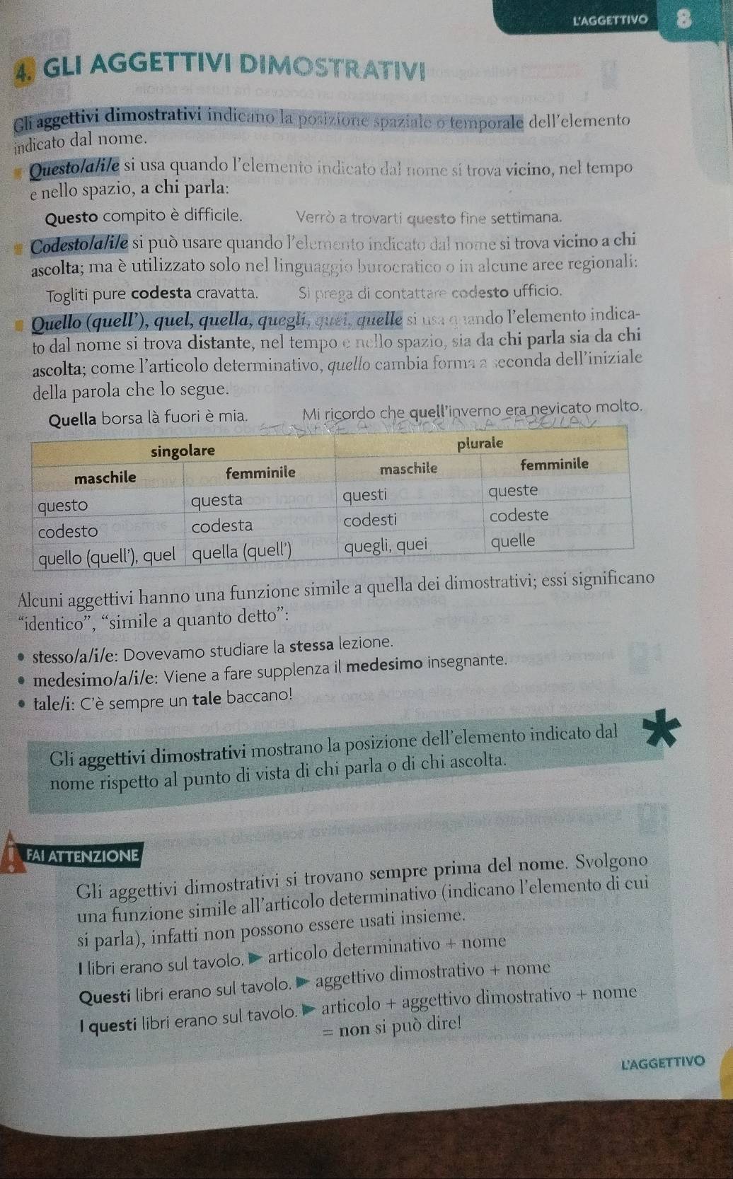 L'AGGETTIVO 8
4 GLI AGGETTIVI DIMOSTRATIVI
Gli aggettivi dimostrativi indicano la posizione spaziale o temporale dell'elemento
indicato dal nome.
Questo/d/i/e si usa quando l’elemento indicato dal nome si trova vicino, nel tempo
e nello spazio, a chi parla:
Questo compito è difficile. Verrò a trovarti questo fine settimana.
Codesto/a/i/e si può usare quando l'elemento indicato dal nome si trova vicino a chi
ascolta; ma èutilizzato solo nel linguaggio buroeratico o in alcune aree regionali:
Togliti pure codesta cravatta. Si prega di contattare codesto ufficio.
Quello (quell’), quel, quella, queglí, quei, quelle si usa quando l’elemento indica-
to dal nome si trova distante, nel tempo e nello spazio, sia da chi parla sia da chi
ascolta; come l’articolo determinativo, quello cambia forma a seconda dell’iniziale
della parola che lo segue.
Quella borsa là fuori è mia. Mi ricordo che quell inverno era nevicato molto.
Alcuni aggettivi hanno una funzione simile a quella dei dimostrativi; essi significano
“identico”, “simile a quanto detto”:
stesso/a/i/e: Dovevamo studiare la stessa lezione.
medesimo/a/i/e: Viene a fare supplenza il medesimo insegnante.
tale/i: C'è sempre un tale baccano!
Gli aggettivi dimostrativi mostrano la posizione dell’elemento indicato dal
nome rispetto al punto di vista di chi parla o di chi ascolta.
FAI ATTENZIONE
Gli aggettivi dimostrativi si trovano sempre prima del nome. Svolgono
una funzione simile all’articolo determinativo (indicano l’elemento di cui
si parla), infatti non possono essere usati insieme.
I libri erano sul tavolo. > articolo determinativo + nome
Questi libri erano sul tavolo. — aggettivo dimostrativo + nome
I questi libri erano sul tavolo. > articolo + aggettivo dimostrativo + nome
= non si può dire!
LAGGETTIVO