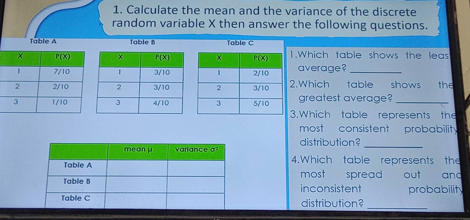 Calculate the mean and the variance of the discrete
random variable X then answer the following questions.
Table A Table B Table C
1.Which table shows the least
average?_
2.Which table shows the
greatest average?_
3.Which table represents the
most consistent probabilit
distribution?_
mean μ variance sigma^2
Table A
4.Which table represents the
most spread out and
Table B
inconsistent probability
Table C
distribution?_