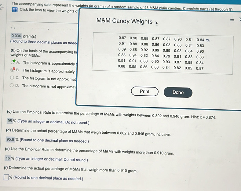 The accompanying data represent the weights (in grams) of a random sample of 48 M&M plain candies. Complete parts (a) through (f)
Click the icon to view the weights of
M&M Candy Weights
0.036 gram (s) 0.87 0.90 0.88 0.87 0.87 0.90 0.81 0.84
(Round to three decimal places as neede 0.91 0.88 0.88 0.86 0.93 0.86 0.84 0.83
(b) On the basis of the accompanying hi 0.83 0.89 0.88 0.92 0.89 0.89 0.93 0.84 0.90
weights of M&Ms. 0.91 0.91 0.94 0.82 0.84 0.79 0.91 0.88 0.86
A. The histogram is approximately 0.88 0.95 0.86 0.86 0.90 0.93 0.87 0.85 0.88 0.87 0.84
0.86 0.84 0.82
B. The histogram is approximately
C. The histogram is not approximat
D. The histogram is not approximat Print Done
(c) Use the Empirical Rule to determine the percentage of M&Ms with weights between 0.802 and 0.946 gram. Hint: overline x=0.874.
95 % (Type an integer or decimal. Do not round.)
(d) Determine the actual percentage of M&Ms that weigh between 0.802 and 0.946 gram, inclusive.
95.8 % (Round to one decimal place as needed.)
(e) Use the Empirical Rule to determine the percentage of M&Ms with weights more than 0.910 gram.
16 % (Type an integer or decimal. Do not round.)
(f) Determine the actual percentage of M&Ms that weigh more than 0.910 gram.
% (Round to one decimal place as needed.)