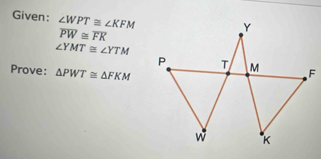 Given: ∠ WPT≌ ∠ KFM
overline PW≌ overline FK
∠ YMT≌ ∠ YTM
Prove: △ PWT≌ △ FKM