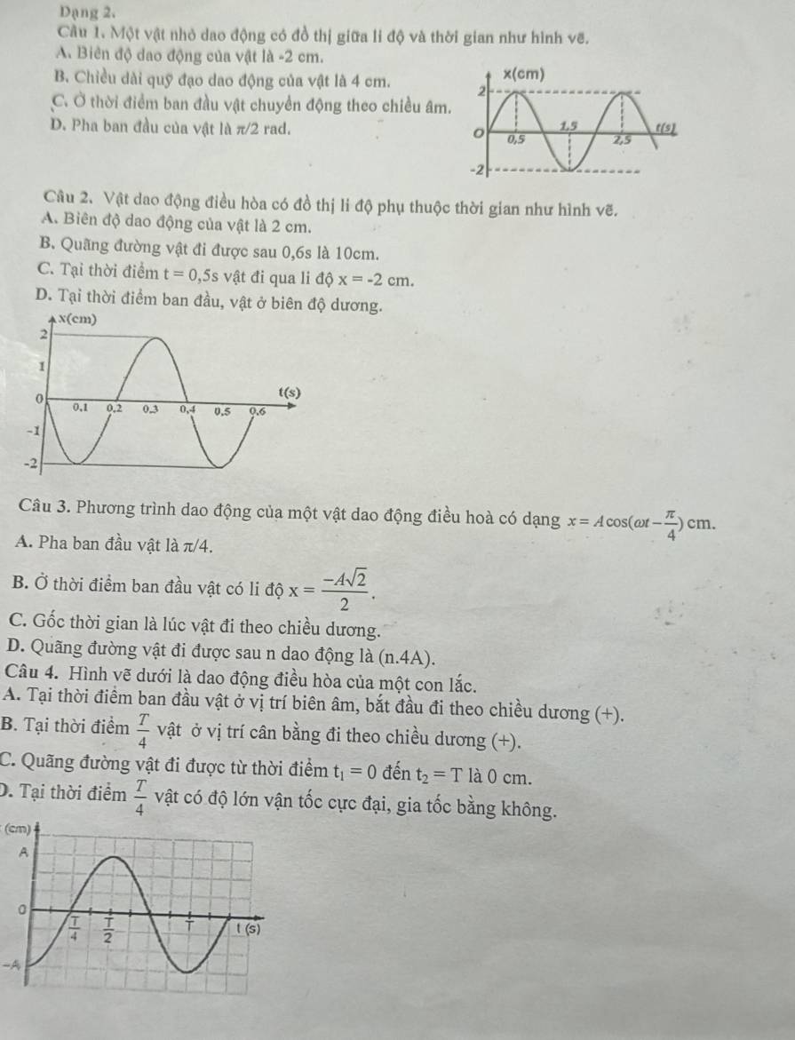 Dạng 2.
Câu 1. Một vật nhỏ dao động có đồ thị giữa li độ và thời gian như hình vẽ.
A. Biên độ dao động của vật là -2 cm.
B. Chiều dài quỹ đạo dao động của vật là 4 cm.
C. Ở thời điểm ban đầu vật chuyển động theo chiều âm.
D. Pha ban đầu của vật là π/2 rad.
Cầu 2、 Vật dao động điều hòa có đồ thị li độ phụ thuộc thời gian như hình vẽ.
A. Biên độ dao động của vật là 2 cm.
B. Quãng đường vật đi được sau 0,6s là 10cm.
C. Tại thời điểm t=0,5s vật đi qua li độ x=-2cm.
D. Tại thời điểm ban đầu, vật ở biên độ dương.
Câu 3. Phương trình dao động của một vật dao động điều hoà có dạng x=Acos (omega t- π /4 )cm.
A. Pha ban đầu vật là π /4.
B. Ở thời điểm ban đầu vật có li độ x= (-Asqrt(2))/2 .
C. Gốc thời gian là lúc vật đi theo chiều dương.
D. Quãng đường vật đi được sau n dao động là (n.4A).
Câu 4. Hình vẽ dưới là dao động điều hòa của một con lắc.
A. Tại thời điểm ban đầu vật ở vị trí biên âm, bắt đầu đi theo chiều dương (+).
B. Tại thời điểm  T/4  , vật ở vị trí cân bằng đi theo chiều dương (+).
C. Quãng đường vật đi được từ thời điểm t_1=0 đến t_2=T là 0 cm.
D. Tại thời điểm  T/4  vật có độ lớn vận tốc cực đại, gia tốc bằng không.
(cm)
-A