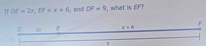 If DE=2x,EF=x+6 , and DF=9 , what is EF?
F
9