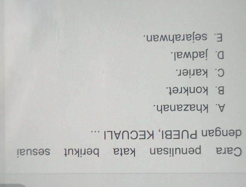 Cara penulisan kata berikut sesuai
dengan PUEBI, KECUALI ...
A. khazanah.
B. konkret.
C. karier.
D. jadwal.
E. sejarahwan.