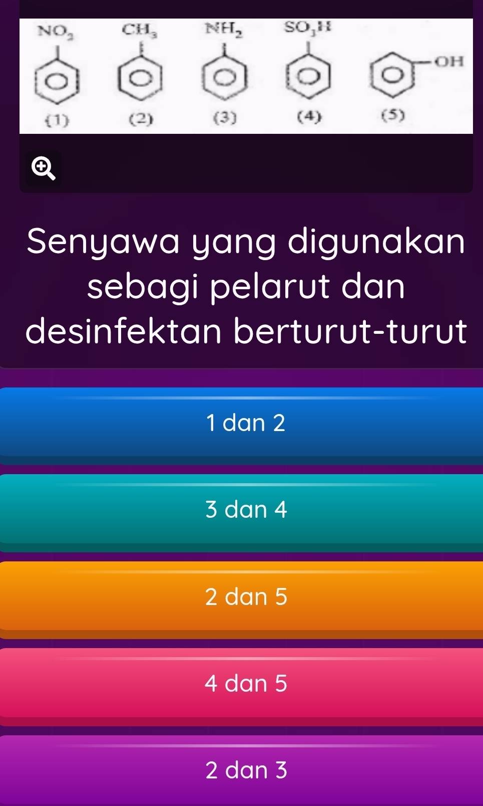 NO_2 CH_3 overline SO_3H
OH
(1) (2) (4) (5)
④
Senyawa yang digunakan
sebagi pelarut dan
desinfektan berturut-turut
1 dan 2
3 dan 4
2 dan 5
4 dan 5
2 dan 3