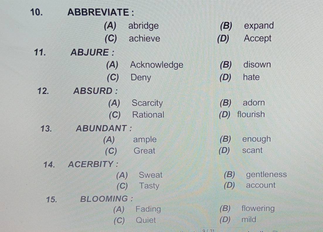 Solved: ABBREVIATE : (A) abridge (B) expand (C) achieve (D) Accept 11 ...