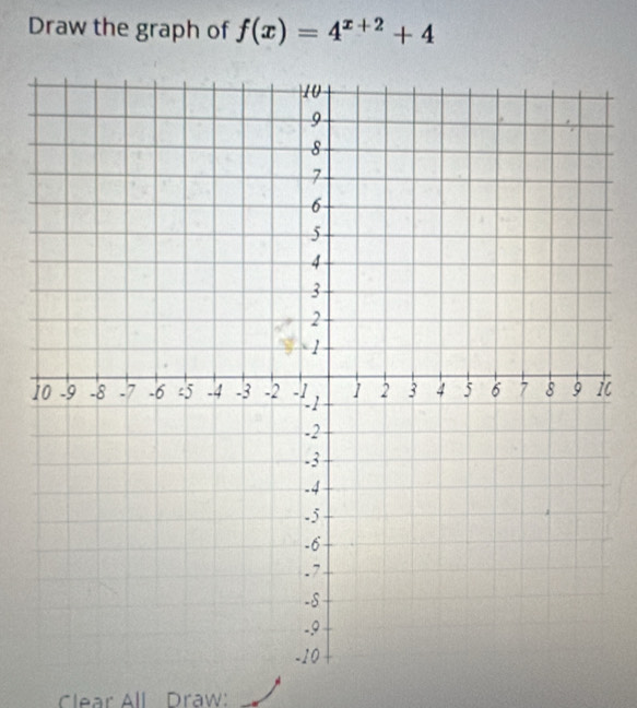 Draw the graph of f(x)=4^(x+2)+4
i 
Clear All Draw: