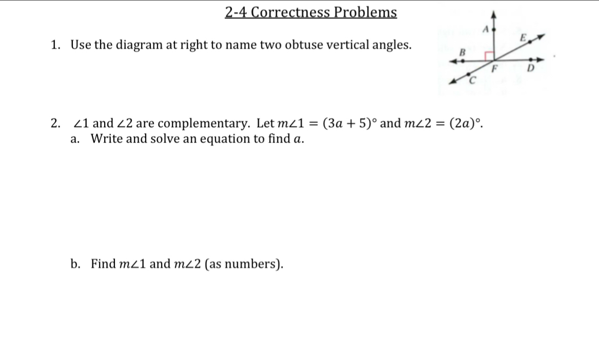 Solved: 2-4 Correctness Problems 1. Use the diagram at right to name ...