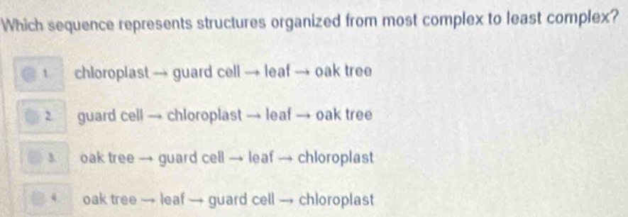 Which sequence represents structures organized from most complex to least complex?
chloroplast → guard cell → leaf → oak tree
2. guard cell → chloroplast → leaf → oak tree
3. oak tree → guard cell → leaf → chloroplast
4 oak tree → leaf → guard cell → chloroplast