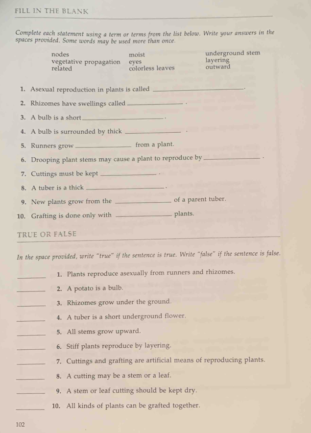 FILL IN THE BLANK
Complete each statement using a term or terms from the list below. Write your answers in the
spaces provided. Some words may be used more than once.
nodes moist underground stem
vegetative propagation eyes layering
related colorless leaves outward
1. Asexual reproduction in plants is called_
.
2. Rhizomes have swellings called_
. .
3. A bulb is a short _.
4. A bulb is surrounded by thick_
5. Runners grow _from a plant.
6. Drooping plant stems may cause a plant to reproduce by _.
7. Cuttings must be kept_
8. A tuber is a thick _.
9. New plants grow from the _of a parent tuber.
10. Grafting is done only with _plants.
TRUE OR FALSE
In the space provided, write “true” if the sentence is true. Write “false” if the sentence is false.
_1. Plants reproduce asexually from runners and rhizomes.
_2. A potato is a bulb.
_
3. Rhizomes grow under the ground.
_
4. A tuber is a short underground flower.
_
5. All stems grow upward.
_6. Stiff plants reproduce by layering.
_7. Cuttings and grafting are artificial means of reproducing plants.
_8. A cutting may be a stem or a leaf.
_9. A stem or leaf cutting should be kept dry.
_
10. All kinds of plants can be grafted together.
102