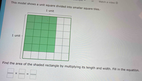 or Watch a video ⑥ 
This model shows a unit square divided intmaller square tiles. 
Find the area of the shaded rectangle by multiplying its length and width. Fill in the equation.
 □ /□  *  □ /□  = □ /□  