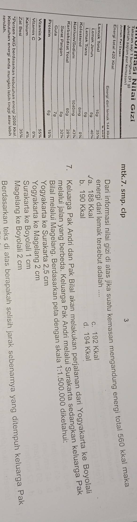 NUiması Nilaï Gizi
Takaran saji 1 bungkus (91 g)
Jumlah sajian por kemasan1
Jumish Per Sajian
mtk.7. smp. clp
3
Dari informasi nilai gizi di atas jika suatu kemasan mengandung energi total 560 kkal maka
Energi total 420 Kkal
Energi dari Iemak 144 Kkal
Lemak Total 16g energi dari lemak tersebut adalah ....
Lemak Jenuh 40% √a. 188 Kkal
89
c. 192 Kkal
Lemak Trans
0g
d. 194 Kkal
Kolesterol 0mg 0% b. 190 Kkal
Natrium/Sodium 1040mg 43%
melalui jalan yang berbeda. Keluarga Pak Andri melalui Surakarta sedangkan keluarga Pak
Karbohidrat Total 60g 20%
7. Keluarga Pak Andri dan Pak Bilal akan melakukan perjalanan dari Yogyakarta ke Boyolali
Serat Pangan 8g 32%
Protein 16% Bilal melalui Magelang. Berdasarkan peta dengan skala 1:1.500 0.000 diketahui:
Gula
7g
8g
Vitamin A 55% Yogyakarta ke Surakarta 2,5 cm
Vitamin C
0% Yogyakarta ke Magelang 2 cm
Kalsium 4%
Surakarta ke Boyolali 1 cm
Zat Besi 35%
*Persen AKG berdasarkan kebutuhan energi 2000 Kkal. Magelang ke Boyolali 2 cm
Kebutuhan energi anda mungkin lebih tinggi atau lebih
rendah.
Berdasarkan teks di atas berapakah selisih jarak sebenarnya yang ditempuh keluarga Pak