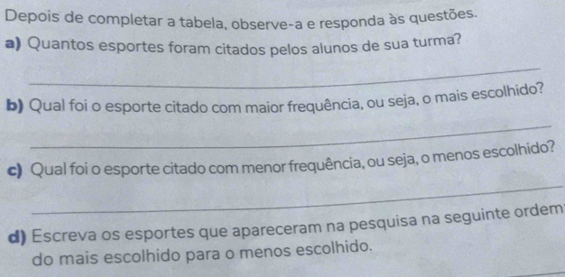 Depois de completar a tabela, observe-a e responda às questões 
a)Quantos esportes foram citados pelos alunos de sua turma? 
_ 
b) Qual foi o esporte citado com maior frequência, ou seja, o mais escolhido? 
_ 
_ 
c) Qual foi o esporte citado com menor frequência, ou seja, o menos escolhido? 
d) Escreva os esportes que apareceram na pesquisa na seguinte ordem 
do mais escolhido para o menos escolhido.