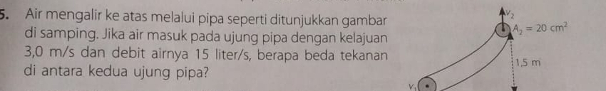 Air mengalir ke atas melalui pipa seperti ditunjukkan gambar 
2 
di samping. Jika air masuk pada ujung pipa dengan kelajuan
A_2=20cm^2
3,0 m/s dan debit airnya 15 liter/s, berapa beda tekanan
1,5 m
di antara kedua ujung pipa? 
Vị