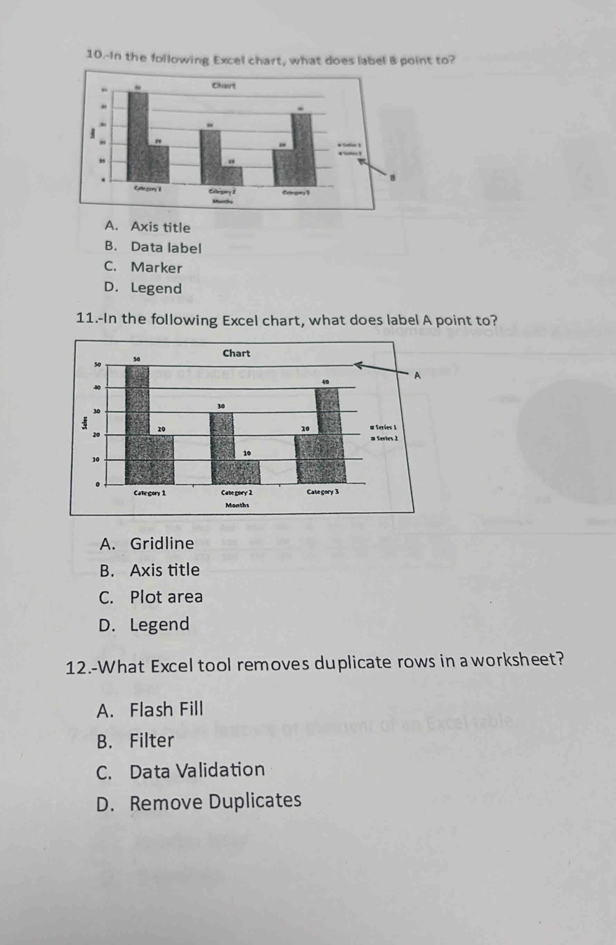 10.-In the following Excel chart, what does label B point to?
A. Axis title
B. Data label
C. Marker
D. Legend
11.-In the following Excel chart, what does label A point to?
A. Gridline
B. Axis title
C. Plot area
D. Legend
12.-What Excel tool removes duplicate rows in a worksheet?
A. Flash Fill
B. Filter
C. Data Validation
D. Remove Duplicates