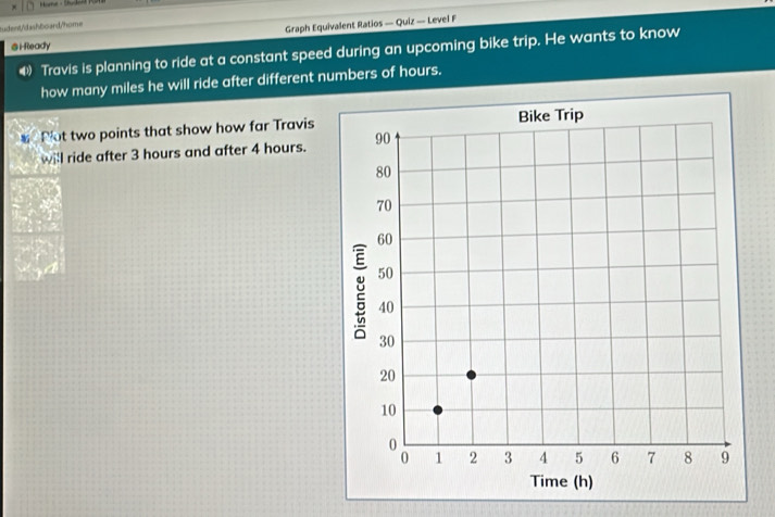 Hune - Shden 
tudent/dashboard/home 
@iReady Graph Equivalent Ratios — Quiz — Level F 
Travis is planning to ride at a constant speed during an upcoming bike trip. He wants to know 
how many miles he will ride after different numbers of hours. 
Plot two points that show how far Travis 
will ride after 3 hours and after 4 hours.