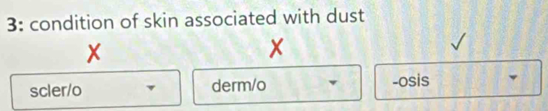 3: condition of skin associated with dust
X
scler/o derm/o -osis