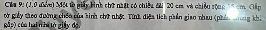 (1,0 điểm) Một tờ giấy hình chữ nhật có chiều dài 20 cm và chiều rộng 15 cm. Gấp 
tờ giấy theo đường chéo của hình chữ nhật. Tính diện tích phần giao nhau (phần chung khi 
gấp) của hai nửa tờ giấy đó.