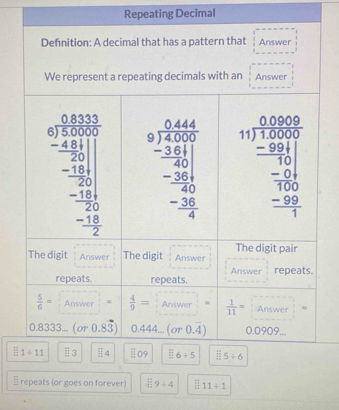 Repeating Decimal
Definition: A decimal that has a pattern that Answer
1/ 11 ⅱ3  4 Ⅱ09 : 6/ 5 5/ 6
§ repeats (or goes on forever) :: 9/ 4 11/ 1