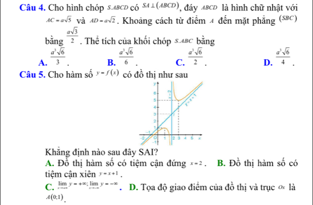 Cho hình chóp s.abcD có SA⊥ (ABCD) , đáy ABCD là hình chữ nhật với
AC=asqrt(5) và AD=asqrt(2). Khoảng cách từ điểm 4 đến mặt phẳng (S8C)
bing asqrt(3)/2 . Thể tích của khối chóp s.лвc bằng
A.  a^3sqrt(6)/3 .  a^3sqrt(6)/6 . C.  a^3sqrt(6)/2 .  a^3sqrt(6)/4 .
B.
D.
Câu 5. Cho hàm số y=f(x) có đồ thị như sau
Khăng định nào sau đây SAI?
A. Đồ thị hàm số có tiệm cận đứng x=2 B. Đồ thị hàm số có
tiệm cận xiên y=x+1.
C. limlimits _xto ∈fty y=+x;limlimits _xto -∈fty y=-∈fty. D. Tọa độ giao điểm của đồ thị và trục ∞ là
A(0;1)