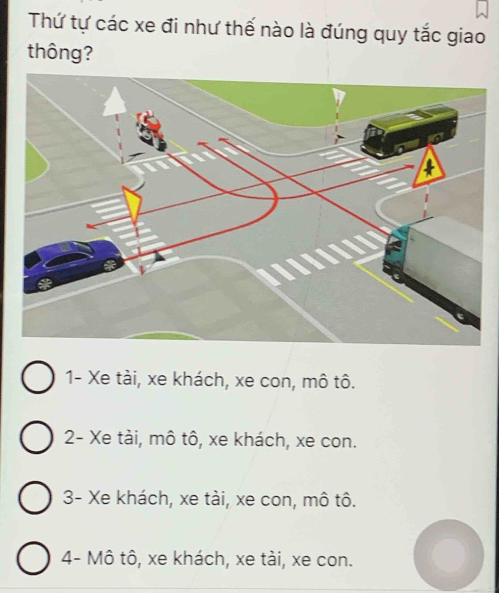 Thứ tự các xe đi như thế nào là đúng quy tắc giao
thông?
1- Xe tài, xe khách, xe con, mô tô.
2- Xe tài, mô tô, xe khách, xe con.
3- Xe khách, xe tài, xe con, mô tô.
4- Mô tô, xe khách, xe tài, xe con.