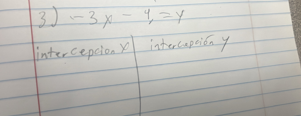 3 -3x-4,=y
intercepcion x intercepciony