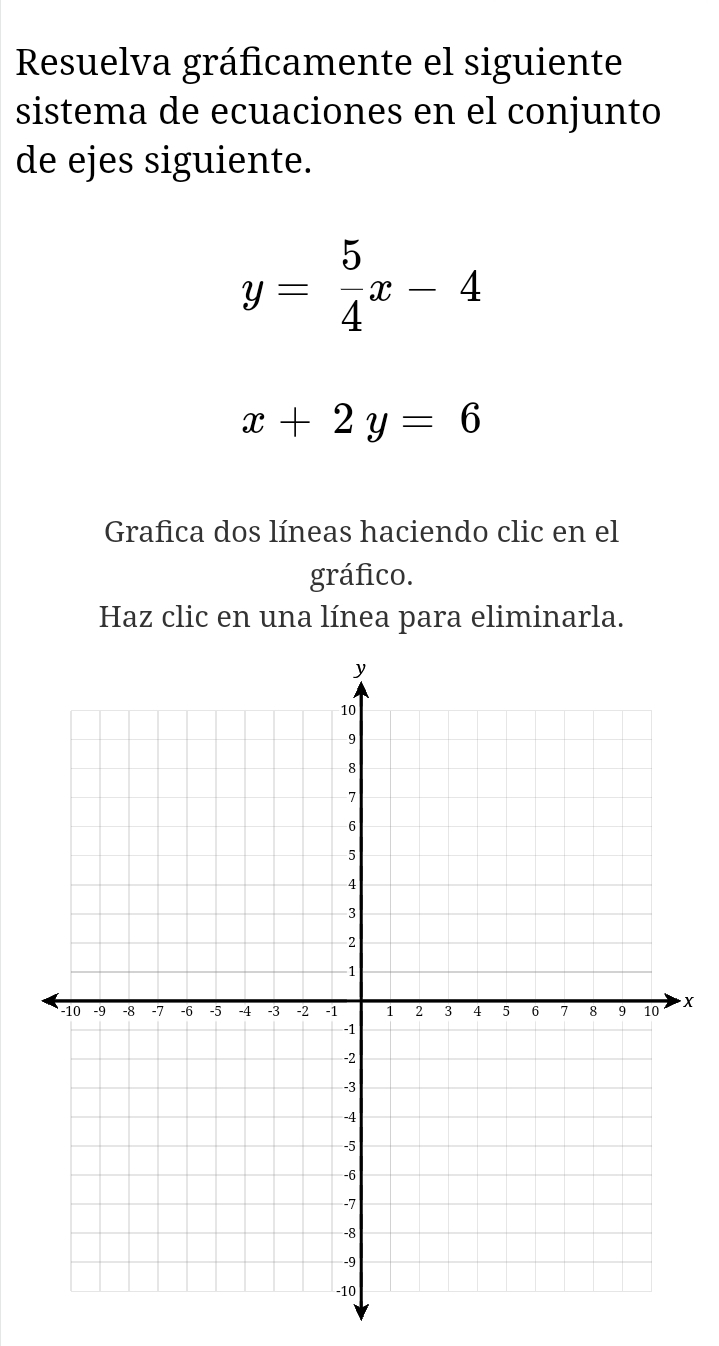 Resuelva gráficamente el siguiente
sistema de ecuaciones en el conjunto
de ejes siguiente.
y= 5/4 x-4
x+2y=6
Grafica dos líneas haciendo clic en el
gráfico.
Haz clic en una línea para eliminarla.
x