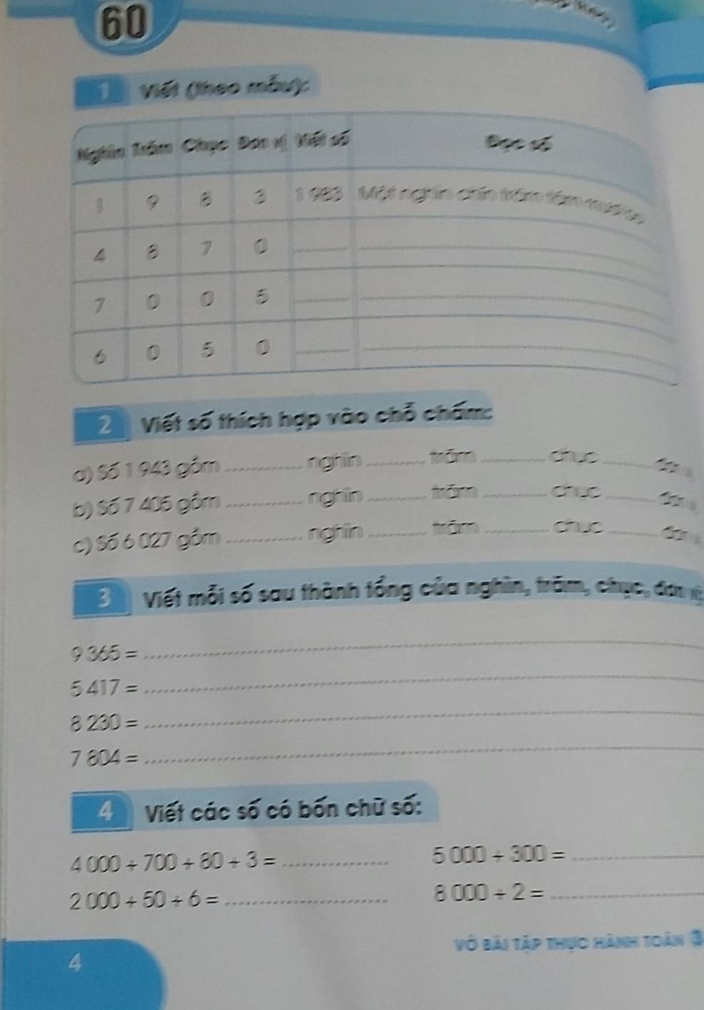 Dế viết (theo mẫu): 
20 Viết số thích hợp vào chỗ chấm: 
a) Số 1 943 gồm _nghin _tām_ chuo_ 
b) Số 7 405 gồm _nghin_ frăm _chuo_ 

c) Số 6 027 gồm_ nghin_ trăm_ 
chuc _ O 
Bộ Viết mỗi số sau thành tổng của nghìn, trăm, chục, đơ ở
9365=
_
5417=
_
8230=
_
7804=
_ 
4 Viết các số có bốn chữ số:
4000+700+80+3= _
5000+300= _
2000+50+6= _ 
_ 8000+2=
vô bài tập thực hành toán 3 
4