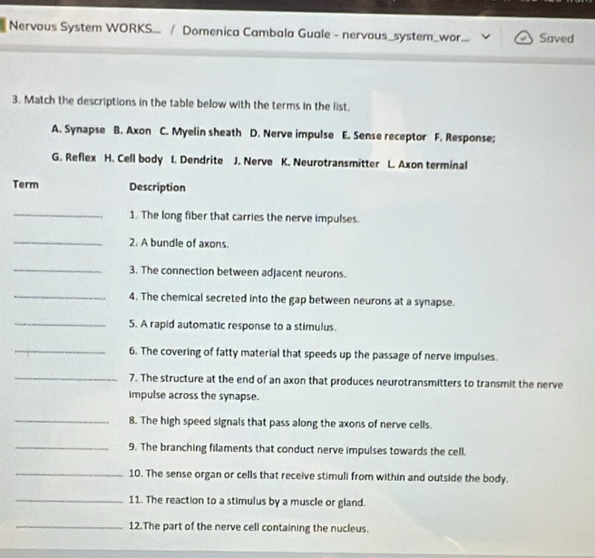 Nervous System WORKS... / Domenica Cambala Guale - nervous_system_wor. == Saved 
3. Match the descriptions in the table below with the terms in the list. 
A. Synapse B. Axon C. Myelin sheath D. Nerve impulse E. Sense receptor F. Response; 
G. Reflex H. Cell body I. Dendrite J. Nerve K. Neurotransmitter L. Axon terminal 
Term Description 
_1. The long fiber that carries the nerve impulses. 
_2. A bundle of axons. 
_3. The connection between adjacent neurons. 
_4. The chemical secreted into the gap between neurons at a synapse. 
_5. A rapid automatic response to a stimulus. 
_6. The covering of fatty material that speeds up the passage of nerve impulses. 
_7. The structure at the end of an axon that produces neurotransmitters to transmit the nerve 
impulse across the synapse. 
_8. The high speed signals that pass along the axons of nerve cells. 
_9. The branching filaments that conduct nerve impulses towards the cell. 
_10. The sense organ or cells that receive stimuli from within and outside the body. 
_11. The reaction to a stimulus by a muscle or gland. 
_12.The part of the nerve cell containing the nucleus.