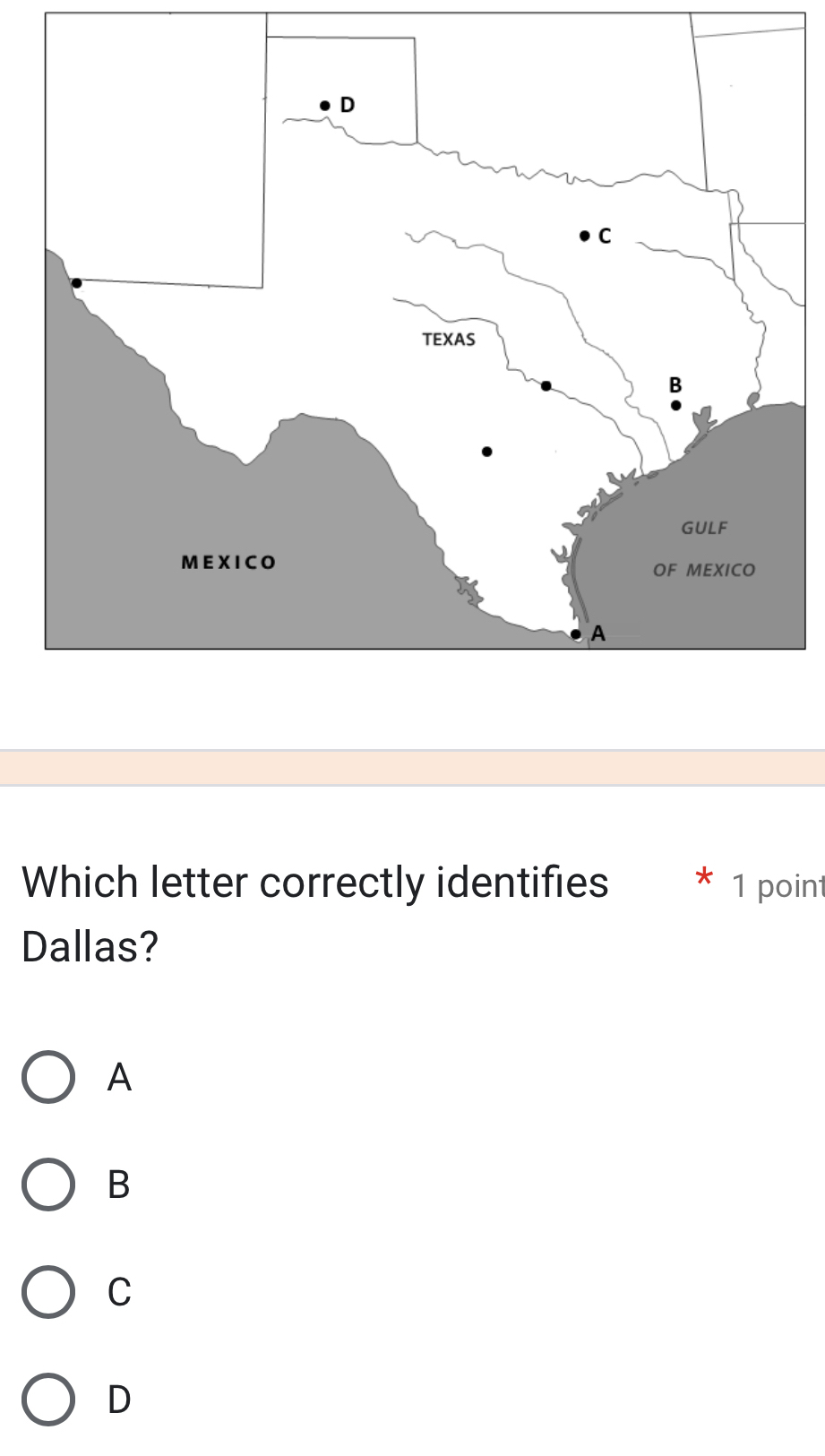 Which letter correctly identifies 1 point
Dallas?
A
B
C
D