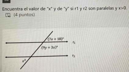 Encuentra el valor de "x" y de "y" si r1 y r2 son paralelas y x>0.
I (4 puntos)