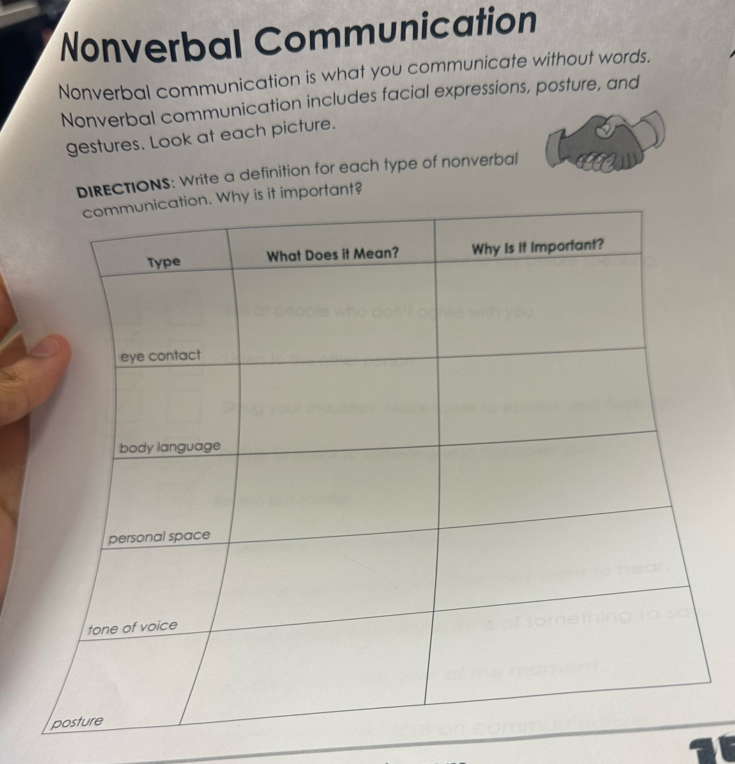 Nonverbal Communication 
Nonverbal communication is what you communicate without words. 
Nonverbal communication includes facial expressions, posture, and 
gestures. Look at each picture. 
DIRECTIONS: Write a definition for each type of nonverbal 
rtant?