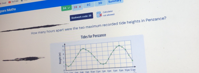 Gimal You Tube 
3A √ 3BX 3C 3D 
Summary 
parx Maths 
Bookwork code: 38 Calculator 
not allowed 
How many hours apart were the two maximum recorded tide heights in Penzance? 
8.am 10 am 12 pm 2 pm 4 pen 6 pm 8 pm 10 pm 12 am