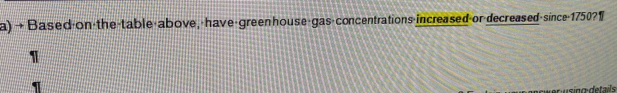 → Based on the-table above, have-green house gas concentrations increased or decreased since 1750? 1