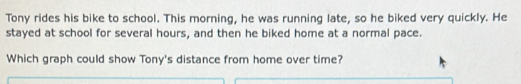 Tony rides his bike to school. This morning, he was running late, so he biked very quickly. He 
stayed at school for several hours, and then he biked home at a normal pace. 
Which graph could show Tony's distance from home over time?