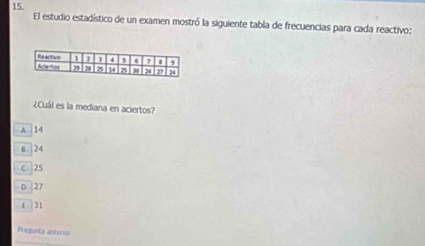 El estudio estadístico de un examen mostró la siguiente tabla de frecuencias para cada reactivo:
¿Cuál es la mediana en aciertos?
A 14
B | 24
c 25
D | 27
E | 31
Pregunta antenor