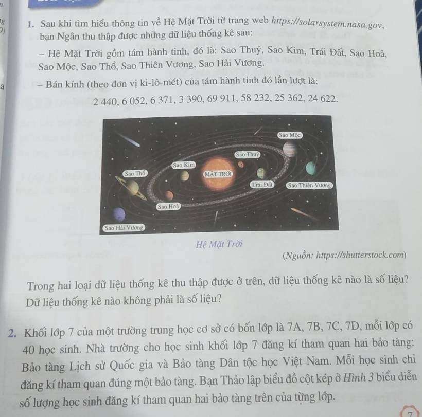 7 
1. Sau khi tìm hiểu thông tin về Hệ Mặt Trời từ trang web https://solarsystem.nasa.gov, 
J bạn Ngân thu thập được những dữ liệu thống kê sau: 
- Hệ Mặt Trời gồm tám hành tinh, đó là: Sao Thuỷ, Sao Kim, Trái Đất, Sao Hoà, 
Sao Mộc, Sao Thổ, Sao Thiên Vương, Sao Hải Vương. 
a — Bán kính (theo đơn vị ki-lô-mét) của tám hành tinh đó lần lượt là:
2 440, 6 052, 6 371, 3 390, 69 911, 58 232, 25 362, 24 622. 
Hệ Mặt Trời 
(Nguồn: https://shutterstock.com) 
Trong hai loại dữ liệu thống kê thu thập được ở trên, dữ liệu thống kê nào là số liệu? 
Dữ liệu thống kê nào không phải là số liệu? 
2. Khối lớp 7 của một trường trung học cơ sở có bốn lớp là 7A, 7B, 7C, 7D, mỗi lớp có
40 học sinh. Nhà trường cho học sinh khối lớp 7 đăng kí tham quan hai bảo tàng: 
Bảo tàng Lịch sử Quốc gia và Bảo tàng Dân tộc học Việt Nam. Mỗi học sinh chỉ 
đăng kí tham quan đúng một bảo tàng. Bạn Thảo lập biểu đồ cột kép ở Hình 3 biểu diễn 
số lượng học sinh đăng kí tham quan hai bảo tàng trên của từng lớp. 
7