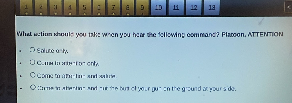 2 3 4 5 6 7 B 9 10 11 12 13

What action should you take when you hear the following command? Platoon, ATTENTION
Salute only.
Come to attention only.
Come to attention and salute.
Come to attention and put the butt of your gun on the ground at your side.