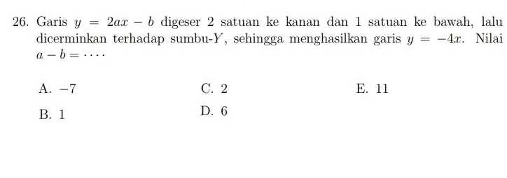 Garis y=2ax-b digeser 2 satuan ke kanan dan 1 satuan ke bawah, lalu
dicerminkan terhadap sumbu- Y, sehingga menghasilkan garis y=-4x. Nilai
_ a-b=
A. -7 C. 2 E. 11
B. 1 D. 6