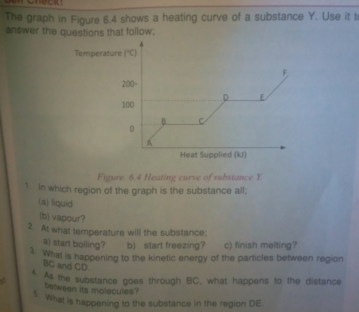 The graph in Figure 6.4 shows a heating curve of a substance Y. Use it t 
answer the questions that follow; 
Temperature (^circ C)
F.
200-
D E
100
B C
0
A 
Heat Supplied (kJ) 
Figure. 6.4 Heating curve of substance Y. 
1. In which region of the graph is the substance all; 
(a) liquid 
(b) vapour? 
2. At what temperature will the substance; 
a) start boiling? b) start freezing? c) finish melting? 
3. What is happening to the kinetic energy of the particles between region
BC and CD. 
4. As the substance goes through BC, what happens to the distance 
between its molecules? 
5. What is happening to the substance in the region DE