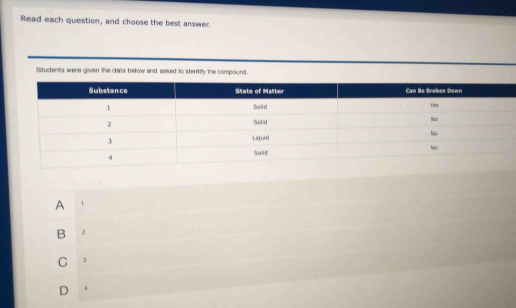 Read each question, and choose the best answer.
Students were given the data below and asked to identify the compound.
A 1
B 2
C 3
D 4