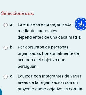 Seleccione una:
a. La empresa está organizada
mediante sucursales
dependientes de una casa matriz.
b. Por conjuntos de personas
organizadas horizontalmente de
acuerdo a el objetivo que
persiguen.
c. Equipos con integrantes de varias
áreas de la organización con un
proyecto como objetivo en común.