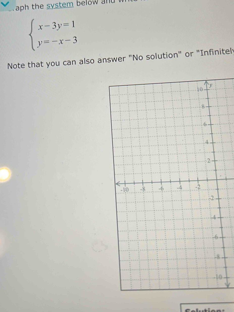 aph the system below and
beginarrayl x-3y=1 y=-x-3endarray.
Note that you can also answer "No solution" or "Infinitely 
. 
o