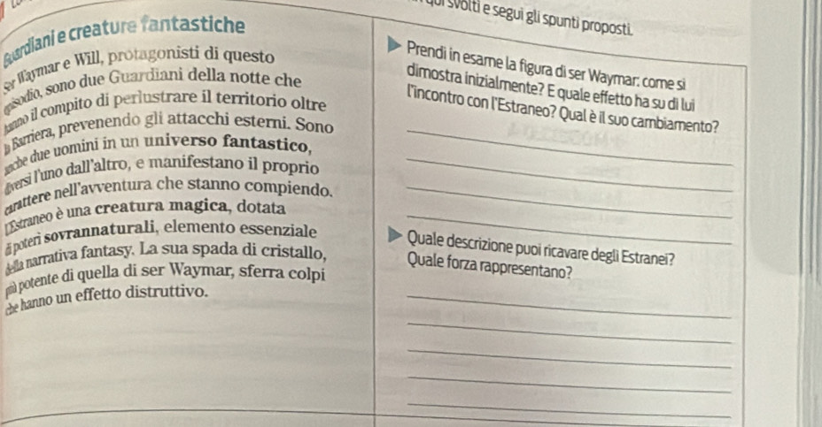 qui volti e segui gli spunti proposti. 
Guardiani e creature fantastiche 
Sar Waymar e Will, protagonisti di questo 
Prendi in esame la figura di ser Waymar: come si 
gisodio, sono due Guardiani della notte che 
dimostra inizialmente? E quale effetto ha su di lui 
l'incontro con l'Estraneo? Qual è il suo cambiamento? 
kanno il compito di perlustrare il territorio oltre 
- Barriera, prevenendo gli attacchi esterni. Sono_ 
anche due uomini in un universo fantastico,_ 
dversi l'uno dall'altro, e manifestano il proprio 
arttere nell'avventura che stanno compiendo._ 
Estraneo è una creatura magica, dotata_ 
di poteri sovrannaturali, elemento essenziale 
Quale descrizione puoi ricavare degli Estranei? 
della narrativa fantasy. La sua spada di cristallo, Quale forza rappresentano? 
_ 
m potente di quella di ser Waymar, sferra colpi 
_ 
che hanno un effetto distruttivo. 
_ 
_ 
_