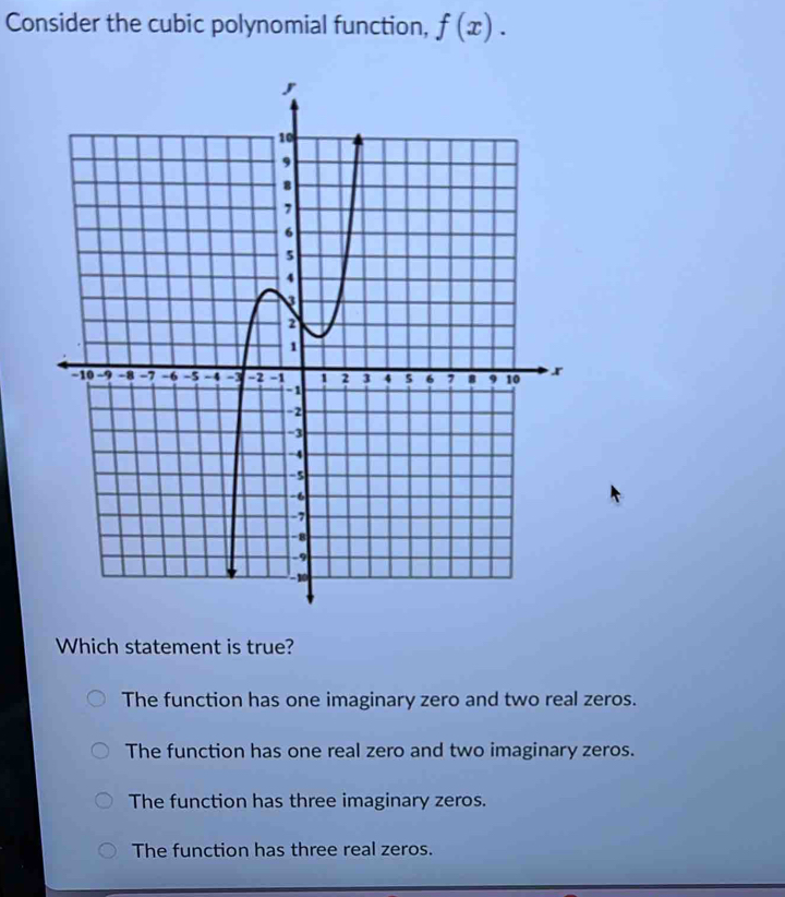 Consider the cubic polynomial function, f(x). 
Which statement is true?
The function has one imaginary zero and two real zeros.
The function has one real zero and two imaginary zeros.
The function has three imaginary zeros.
The function has three real zeros.