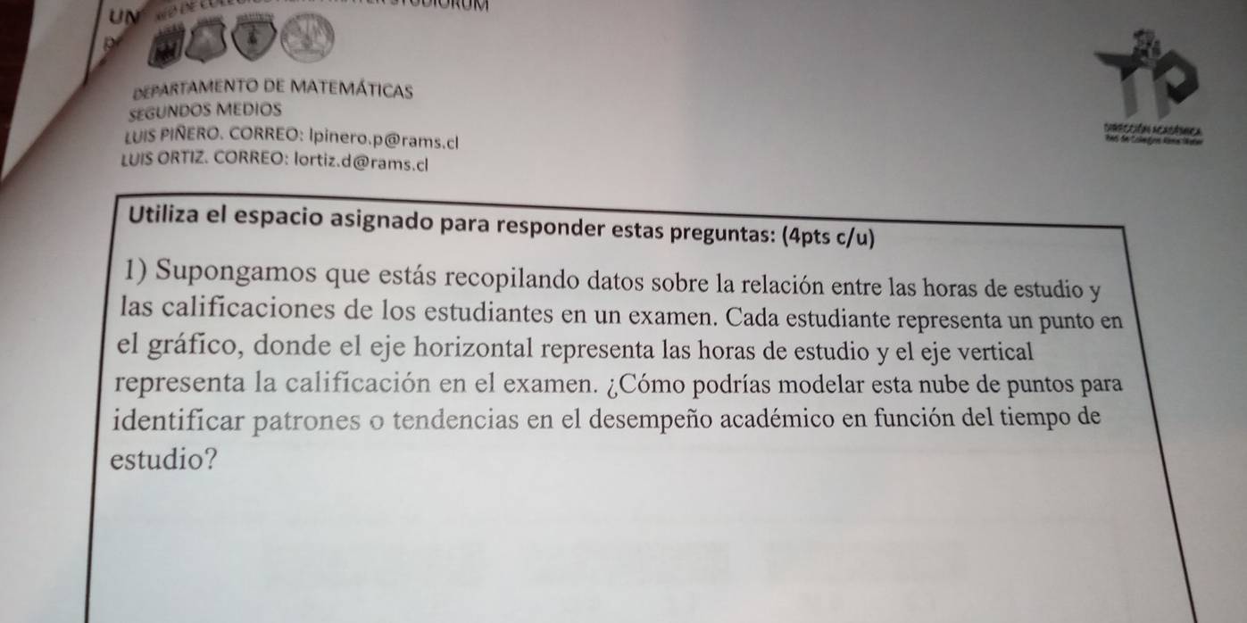 UN 
a 
DepartamENTo DE MAtEmÁticAs 
SEGUNDOS MEDIOS 
DireccióN Acasánnca 
LUIS PINERO. CORREO: Ipinero.p@rams.cl 
LUIS ORTIZ. CORREO: lortiz.d@rams.cl 
Utiliza el espacio asignado para responder estas preguntas: (4pts c/u) 
1) Supongamos que estás recopilando datos sobre la relación entre las horas de estudio y 
las calificaciones de los estudiantes en un examen. Cada estudiante representa un punto en 
el gráfico, donde el eje horizontal representa las horas de estudio y el eje vertical 
representa la calificación en el examen. ¿Cómo podrías modelar esta nube de puntos para 
identificar patrones o tendencias en el desempeño académico en función del tiempo de 
estudio?