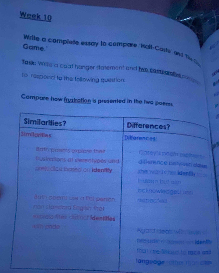 Week 10 
Game.' 
to 
Write a complete essay to compare 'Half-Caste' and 'The Cl 
Task: Write a coat hanger statement and two comparstive camgre Bot 
RA 
to respond to the following question: 
Compare how frustration is presented in the two poems. 
a 
y 

s .