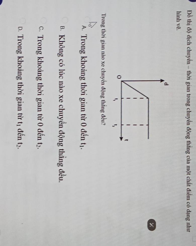 Đồ thị độ dịch chuyển - thời gian trong chuyển động thẳng của một chất điểm có dạng như
hình vẽ.
a
Trong thời gian nào xe chuyền động thắng đều?
A. Trong khoảng thời gian từ 0 đến t_1.
B. Không có lúc nào xe chuyền động thẳng đều.
. Trong khoảng thời gian từ 0 đến t_2.
D. Trong khoảng thời gian từ t_1 đến t_2.
